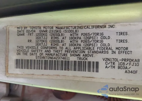 2004 Toyota Tacoma Base V6 from USA, damaged, VIN 5TEHN72N64Z374611